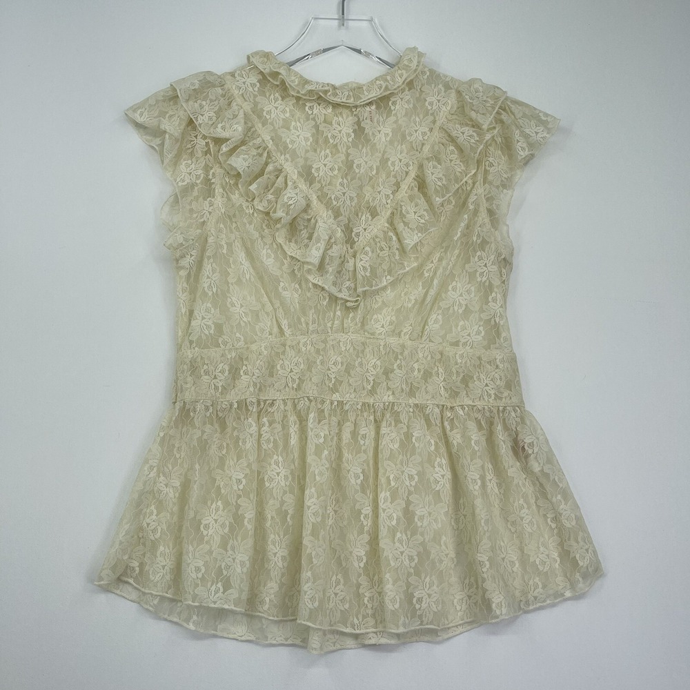 Free People  Medium Womens Top Beige Lace Ruffle Short Sleeve Blouse